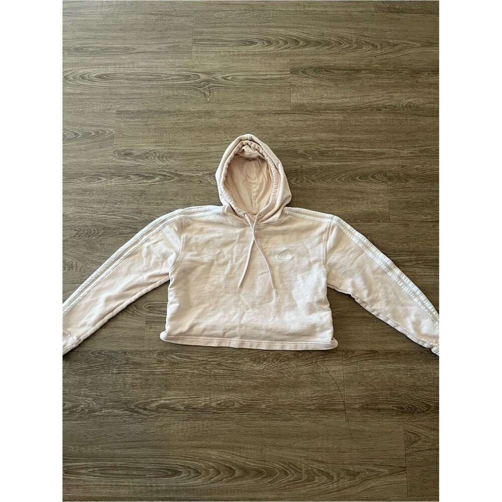 Adidas Cropped Hoodie Womens Medium Blush Pink 3 Stripe Sleeve Pullover Logo